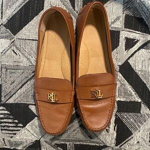 Ralph Lauren Cognac Leather Loafers with Gold Accent Logo